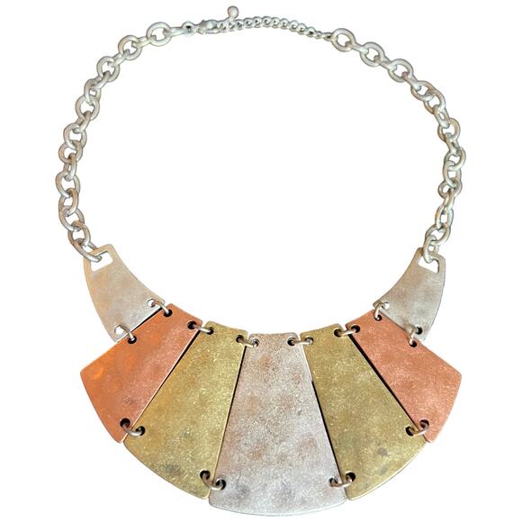 Tri-Tone Metal Bib Necklace - Modern Geometric Statement Piece - Picture 5 of 6